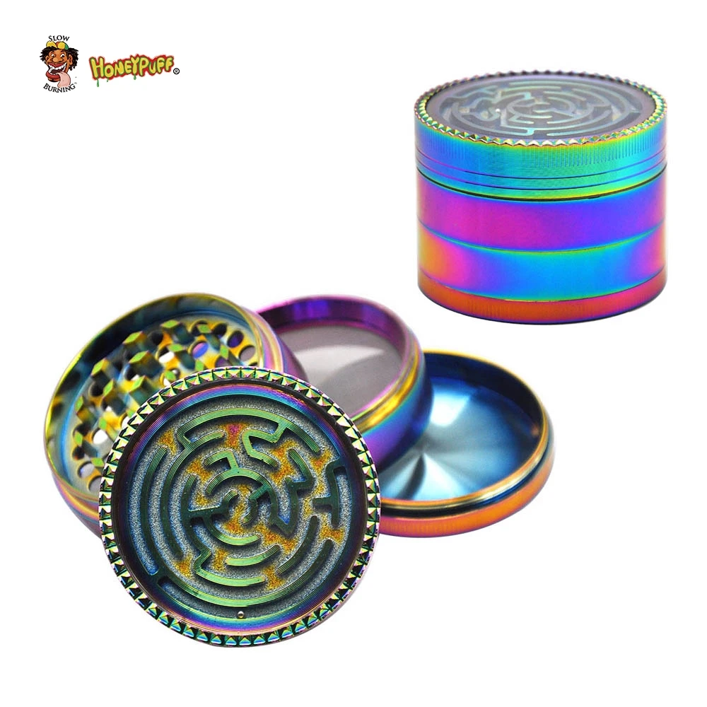 

HONEYPUFF Rainbow Zinc Alloy Smoking Herb Grinder With Maze Game 63MM 4 Sharp Teeth Metal Tobacco Grinder Crusher