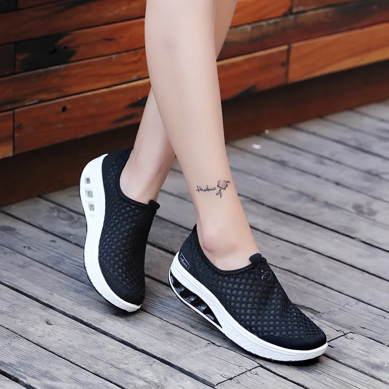 PINSEN/ г., летние женские кроссовки на платформе Мокасины без застежки женская обувь на толстой подошве, женская обувь на плоской толстой подошве - Цвет: Черный