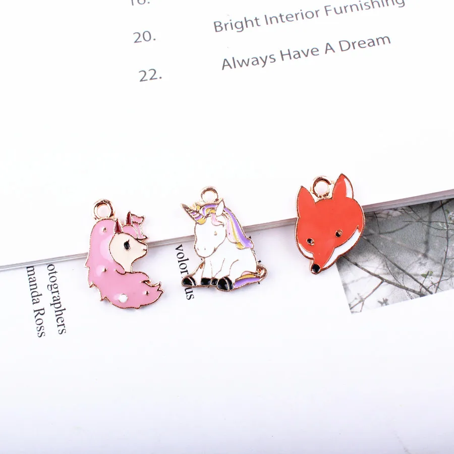 

10Pcs/lot Fashion Fox Unicorn Enamel Pendant Charms Alloy Dangle Charms DIY Keychain Necklace Bracelet Earrings Jewelry Making