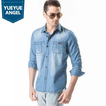 

Spring Autumn Long Sleeve Denim Shirt Men Casual Loose Solid Color Turn-down Collar Cotton Shirt Plus Size 3XL Camisa Hombre