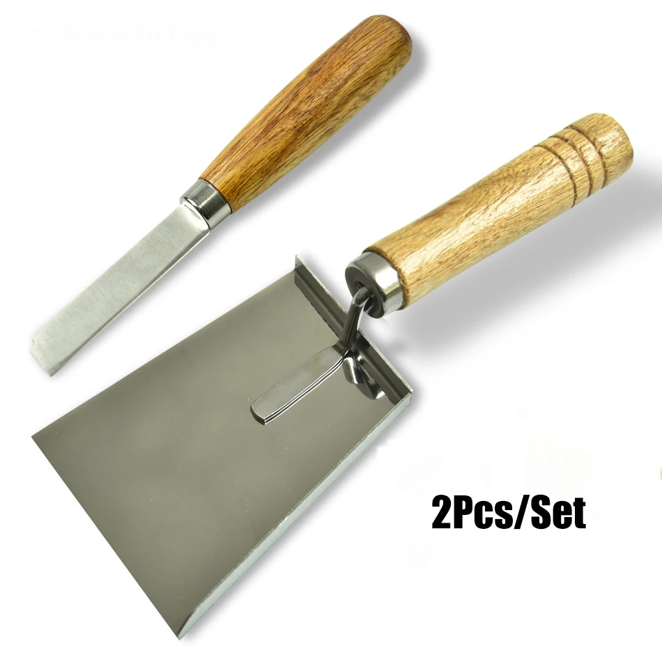 Benefitbee-2pc-Beekeeping-Stainless-Steel-Shovel-Scraper-Knife-Tool-Wooden-Handle-For-Beehive-Frame-Excluder-Cleaning