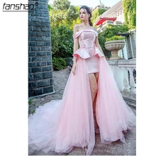 2019 vestidos de noche rosa claro de hombro de manga corta vestidos para la alfombra roja lazo trasero-Up hecho a medida Formal