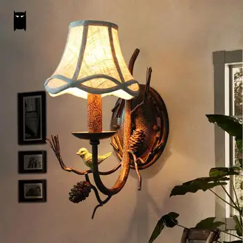 

Iron Fabric Shade Resin Bird Pinecone Wall Lamp Fixutre Vintage Industrial Antique Rustic Sconce Light Bedroom Bedside Hallway