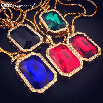 

Hip hop Bling Iced Out Big Black Red Blue Square Stone Gem Pendant Necklace Box Chain imitation Gemstone Necklace Fine Jewelry