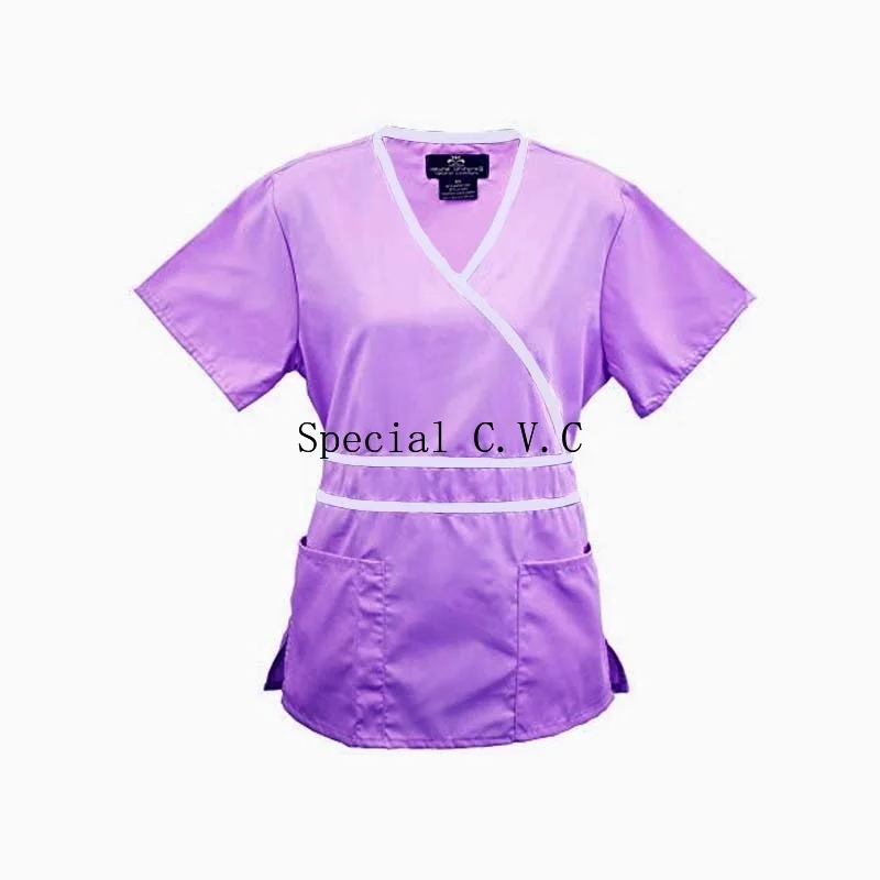 Women's Medical Uniforms Scrub Top Mock Wrap Shirt with Adjustable Waist and Back Tie Pharmacy Clinic Uniforms(Just A Top)