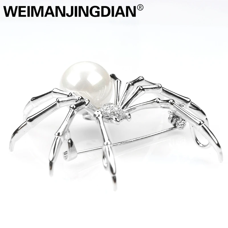 

High Quality White Gold Plated Copper and Imitation Pearl Spider Brooch for Men Halloween