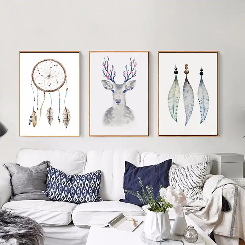 Haochu Hand Draw Fantasy Deer Portrait Canvas Painting Colorful Feather Wall Picture Nordic Abstract Poster Living Room Decor