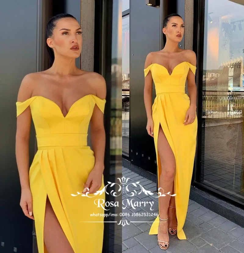 

Sexy Off Shoulder Mermaid Yellow Evening Dresses 2019 Plus Size High Split Long Satin Cheap abendkleider Vestido De Festa Noche