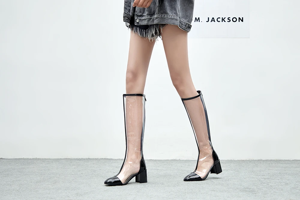 Новые Прозрачные ботинки из ПВХ; Модные Дизайнерские ботильоны с круглым носком на массивном каблуке; женская обувь с квадратным носком; Размеры 33-41