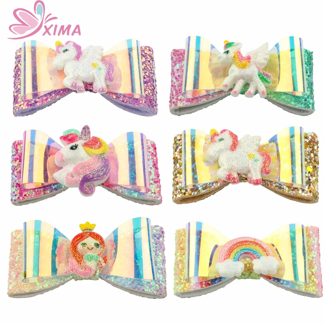 

XIMA 2Pieces 2.3inch Gradient Color Bow Unicorn Hair Clip Boutique PVC Bows Hairgrips Girls Hair Accessories for Party