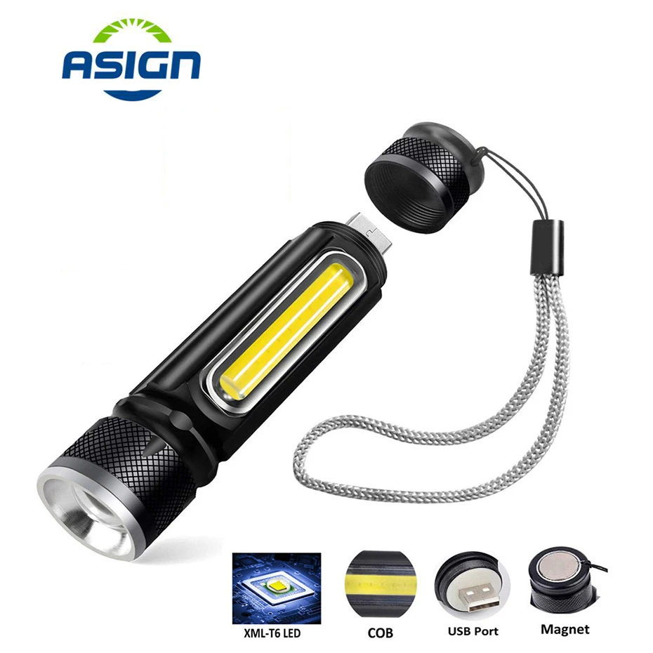 

LED T6 Flashlight Portable USB Rechargeable Flashlight Multifunctional Side COB Light Zoom Waterproof LED Work Light Tail Magnet