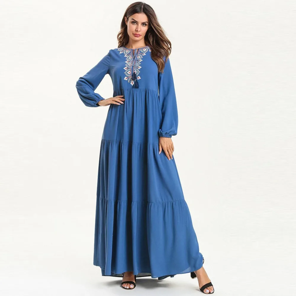 Женское платье макси с оборками Abaya Qatar длинное плиссированное вышивкой в