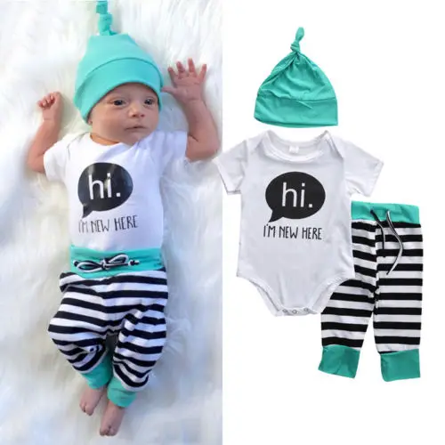 

3Pcs Summer Fashion Cute Letter Print Striped Newborn Baby Boys Girls Tops Romper Jumpsuit +Long Pants Hat Outfits Set Clothes