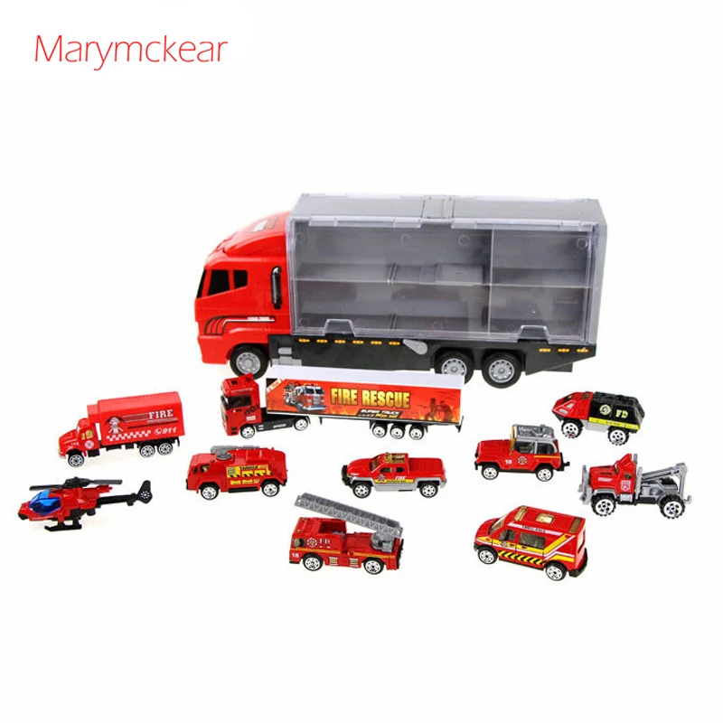

Boys Toy 11 pcs in 1 Truck Model Mini Container Fire Engines Vehicles Toy in Red 1:64 Kids Car Toys New Year Gift Metal Car Toy
