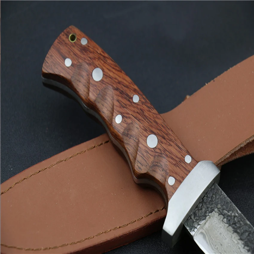 wholesale pattern Damascus steel manual forged straight knife 62HRC hardness outdoor self-defense knife hunting