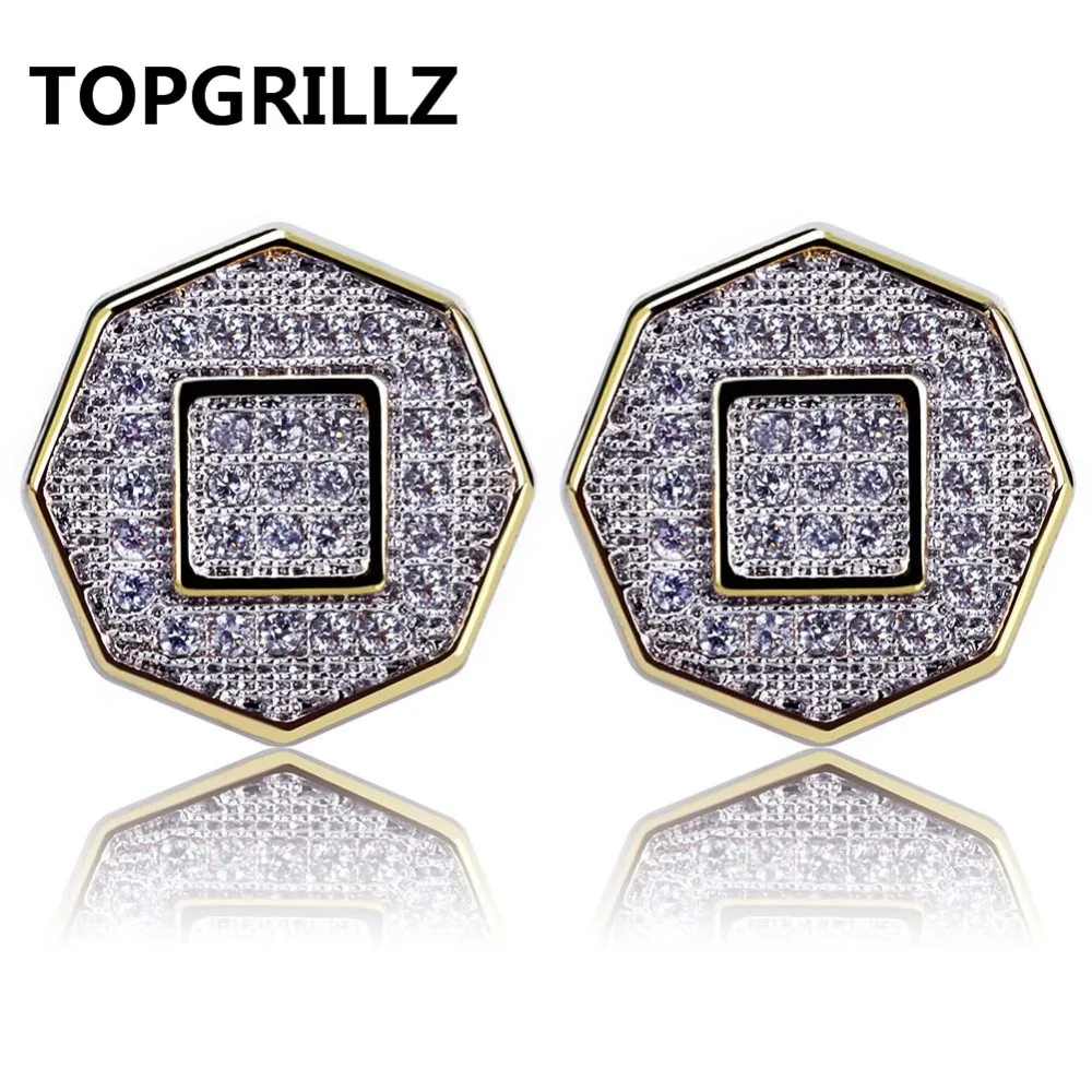 TOPGRILLZ Hip Hop Gold Color Iced Out Cubic Zircon Geometric Stud Earrings Men Women Trend Jewelry Gifts With Screw Back Buckle