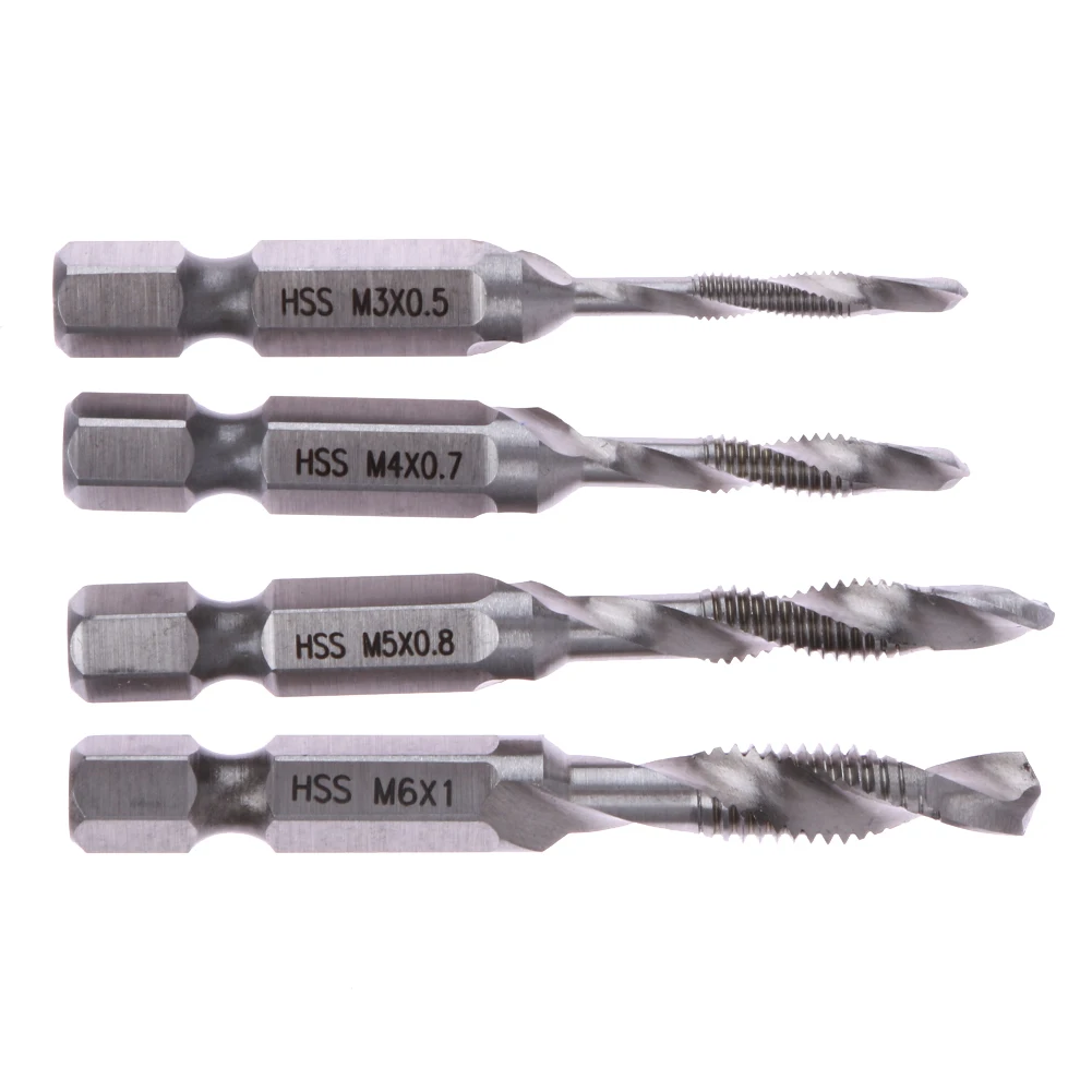 

4pcs/set Hand Tap Drill Bit Hex Shank HSS Screw Spiral Point Thread Hexagon Compound Tap Drill Bits M3x0.5, M4x0.7, M5x0.8, M6x1