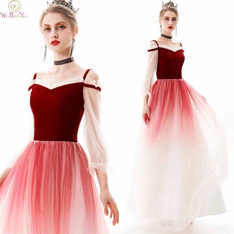 

Elegant Gradient Evening Dresses 2019 Floor Length Long A Line Three Quarter Sleeve Tulle Prom Formal Party Gown Walk Beside You