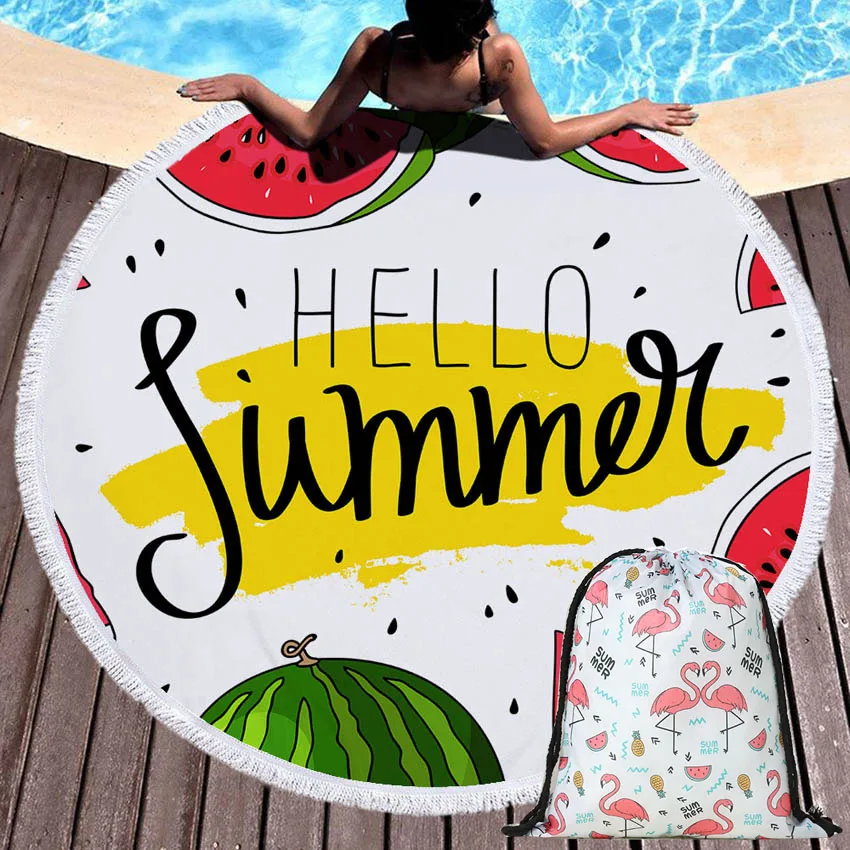 

Sunshine Summer Beach Towels Watermelon Round Blanket Wall Tapestry Seaside Shower Bath Sport Towel With Drawstring Backpack Bag