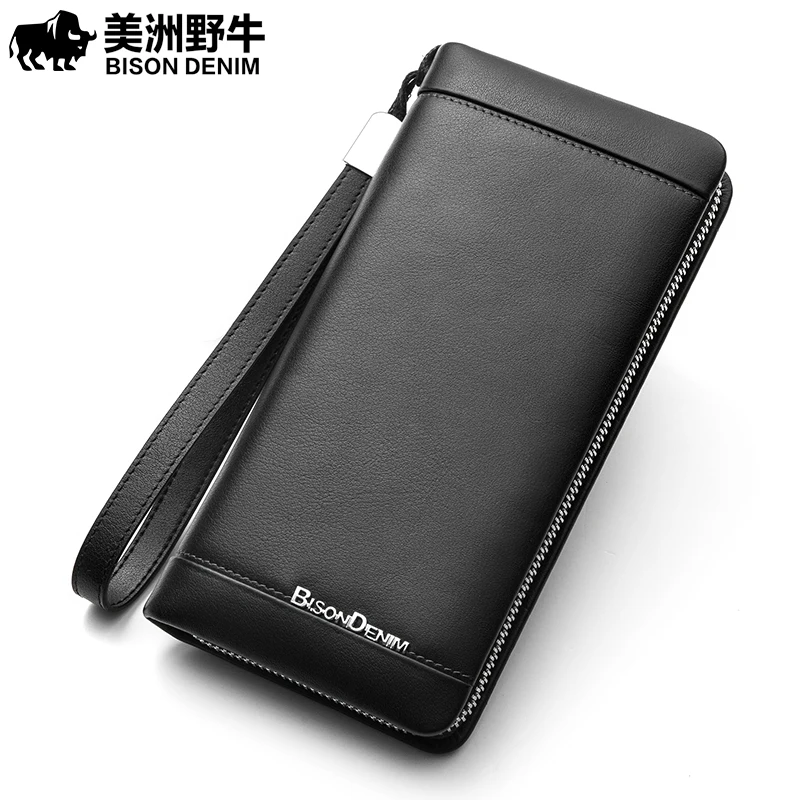 

BISON DENIM fashion luxury brand men wallets genuine leather long zipper clutch purse card holder