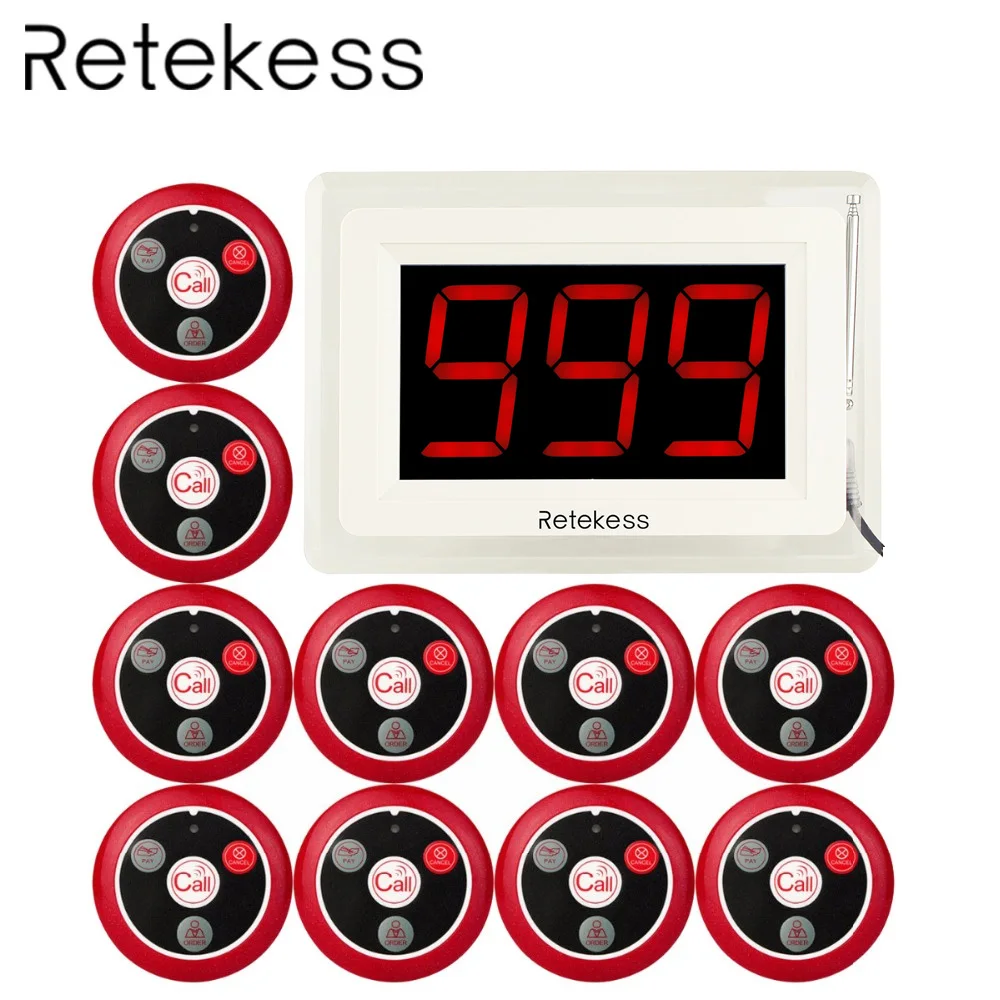 

433MHZ Wireless Pager Calling System for Restaurant Waiter Nurse with Voice Reporting 1 Host Display+10 Table Bell F4400B