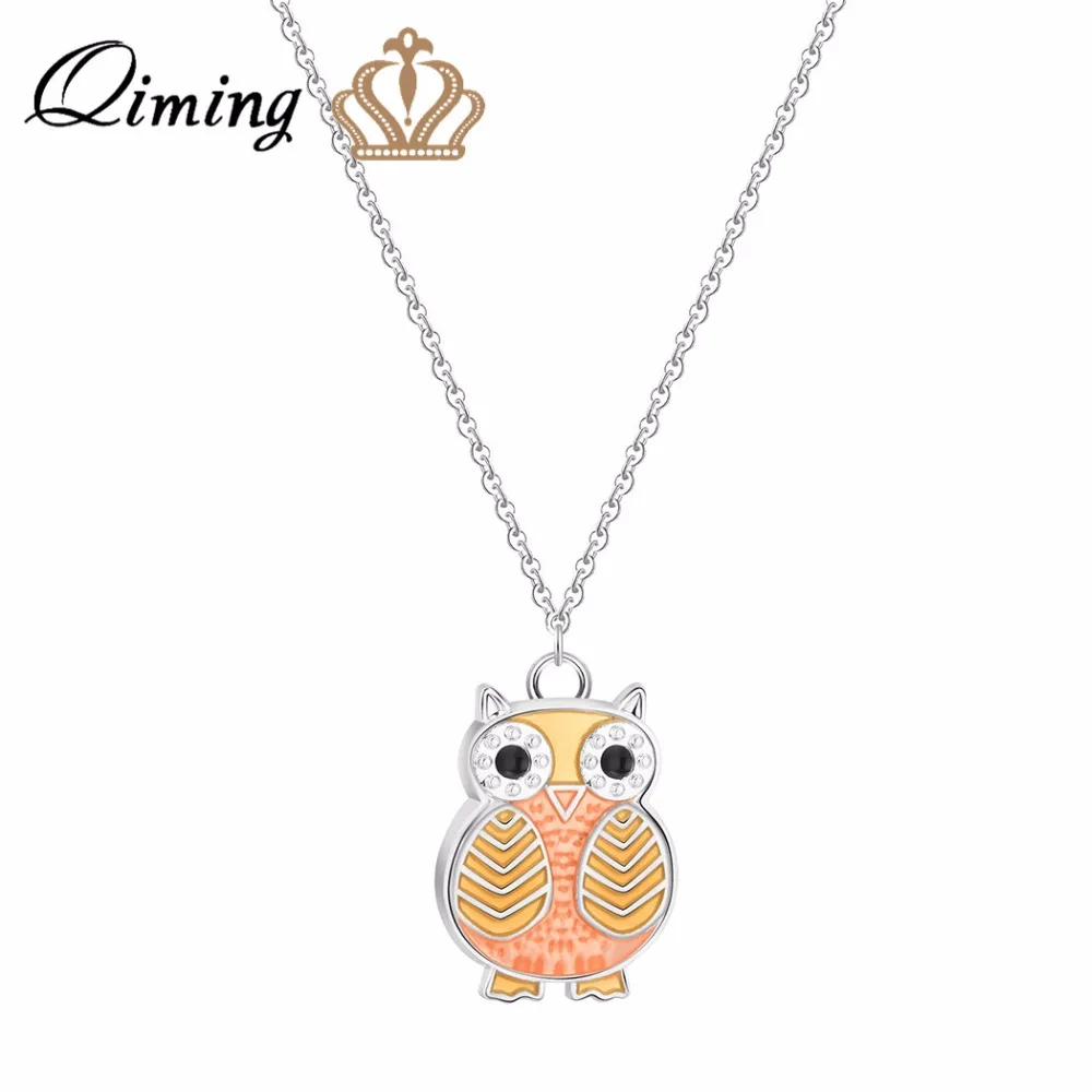 

QIMING Harajuku Children Night Owl Necklace Kawaii Silver Design Orange Vintage Jewelry Accessories Animal Pendant Necklace