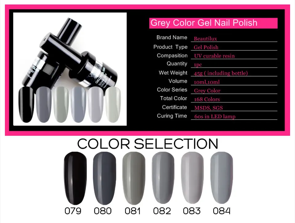 Beautilux 1pc Black Dark Light Grey Color UV LED Soak Off Gel Nail Polish Nails Gel Varnish Gels Lacquer Esmalte 10ml (1)