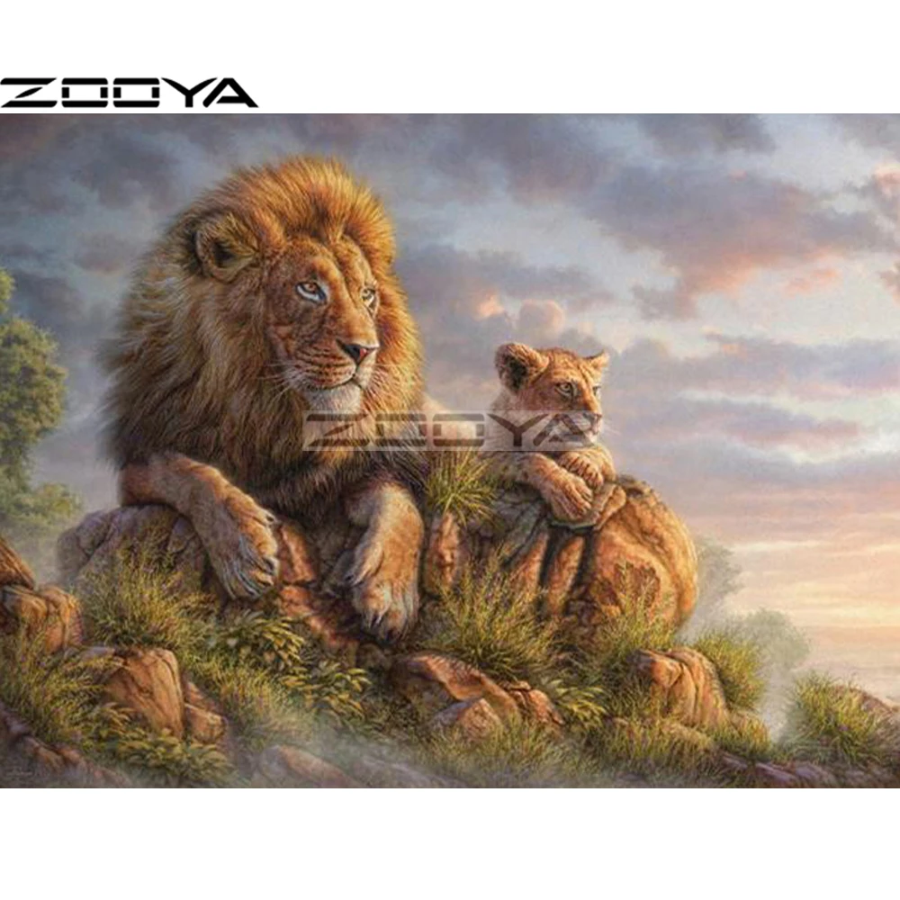 ZOOYA DIY Алмазная вышивка полностью круглые Алмазные Фотографии страз льва и матери