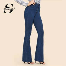 Sheinside, винтажные, одноцветные, с расклешенным подолом, обтягивающие джинсы, женские, длинные, джинсовые брюки, женские синие брюки, капри, повседневные, средняя талия, женские джинсы