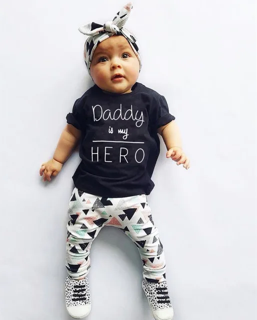 Summer Newborn Infant Baby Girl Clothes Daddy is my Hero Short Sleeve T shirt Tops+Pants