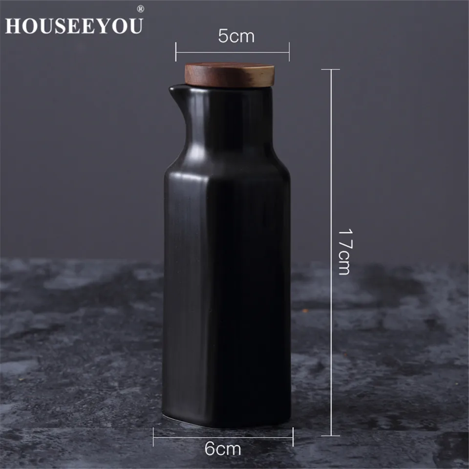 HOUSEEYOU, керамическая маслина в скандинавском стиле, бутылка для соевого соуса, уксуса, матовая цветная деревянная крышка, коробка для приправ, кухонные принадлежности для хранения - Цвет: Черный