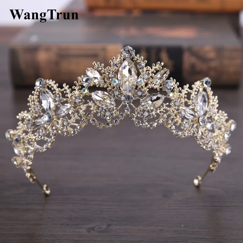 

2018 New Fashion Baroque Luxury Crystal AB Bridal Crown Tiaras Light Gold Diadem Tiaras for Women Bride Wedding Hair Accessories