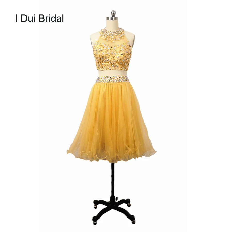yellow two piece short prom dresses