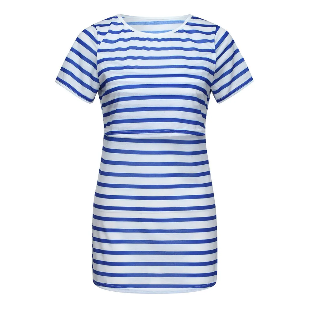 Рубашки для беременных женщин с коротким рукавом в полоску Грудное вскармливание Nusring Одежда для беременных Camisetas De Lactancia рубашка для кормления - Цвет: Blue