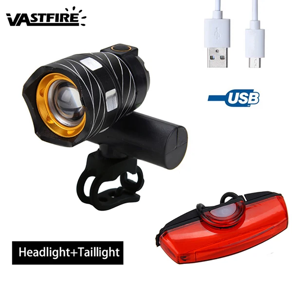 USB перезаряжаемая Передняя велосипедная лампа XM-L T6 светодиодный светильник масштабируемый велосипедный головной светильник встроенный аккумулятор 3 режима фонарь+ USB задний светильник - Цвет: With USB Taillight