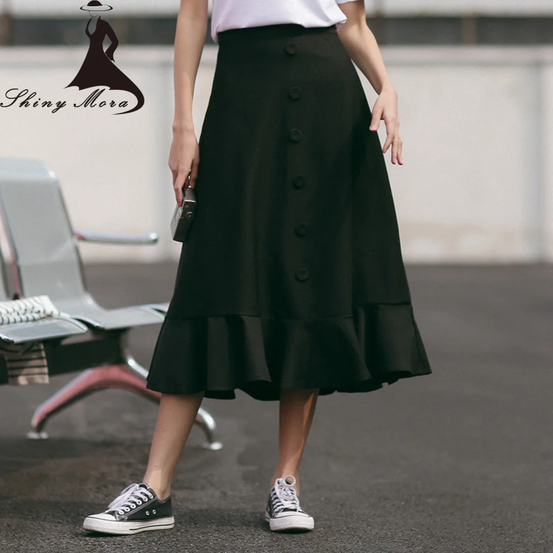 SHINYMORA 2017 Nueva Moda Negro Faldas Largas para Las Mujeres Hebilla de Cintura Alta Ruffles Una Línea de Falda de Las Señoras Desgaste de La Calle Faldas mujer|fashion long fashion skirtslong