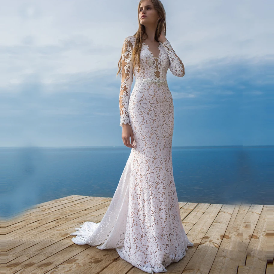 

Sexy V-neck Long Sleeves Wedding Dress with Beads abiti da sposa 2019 Elegant Boho Lace Bridal Gown vestido de casamento