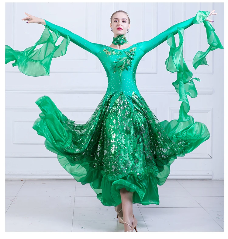 2018新しい王室勒赤いグリーンローズ新しいスタイル社交スタンダードダンスドレスワルツ競争ドレスレディ社交ダンスドレス