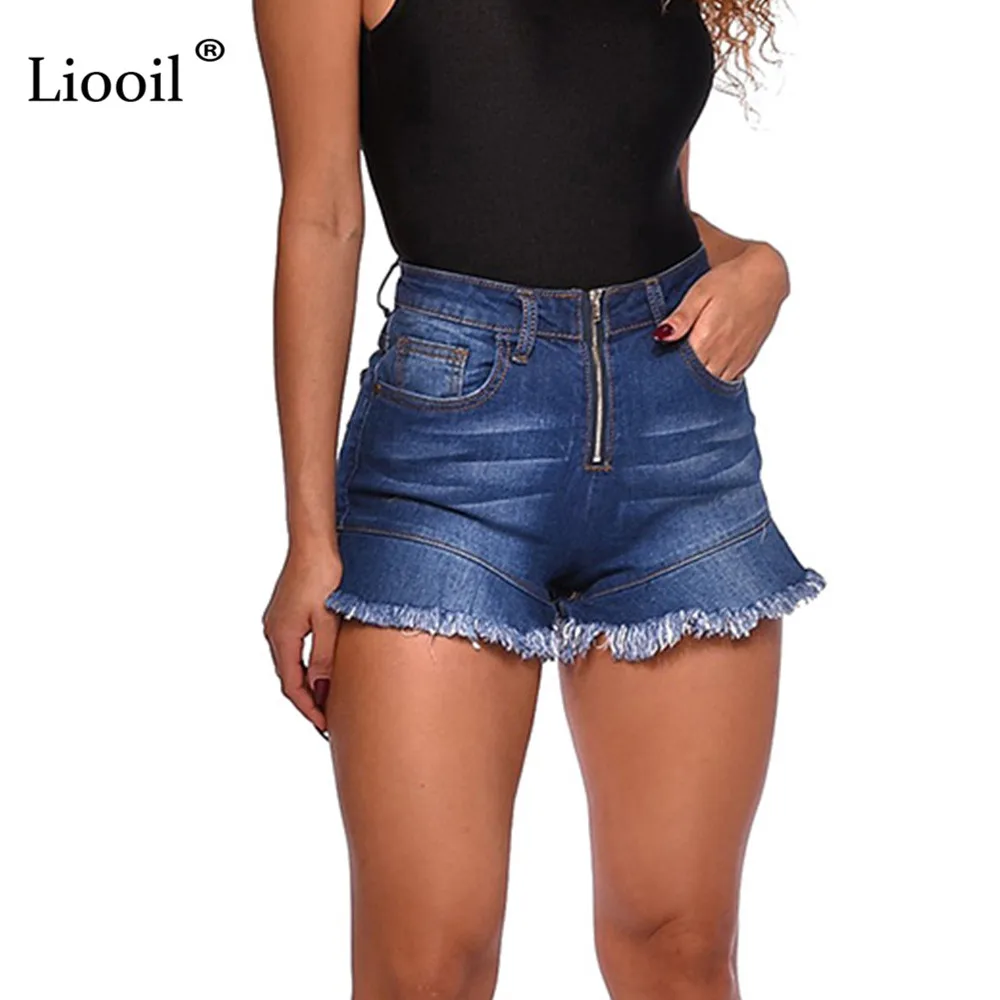 Liooil плюс размеры шорты для женщин для повседневное Лето г. хлопок Sexy Rave Jean Короткие Модные карман на молнии середины талии сини