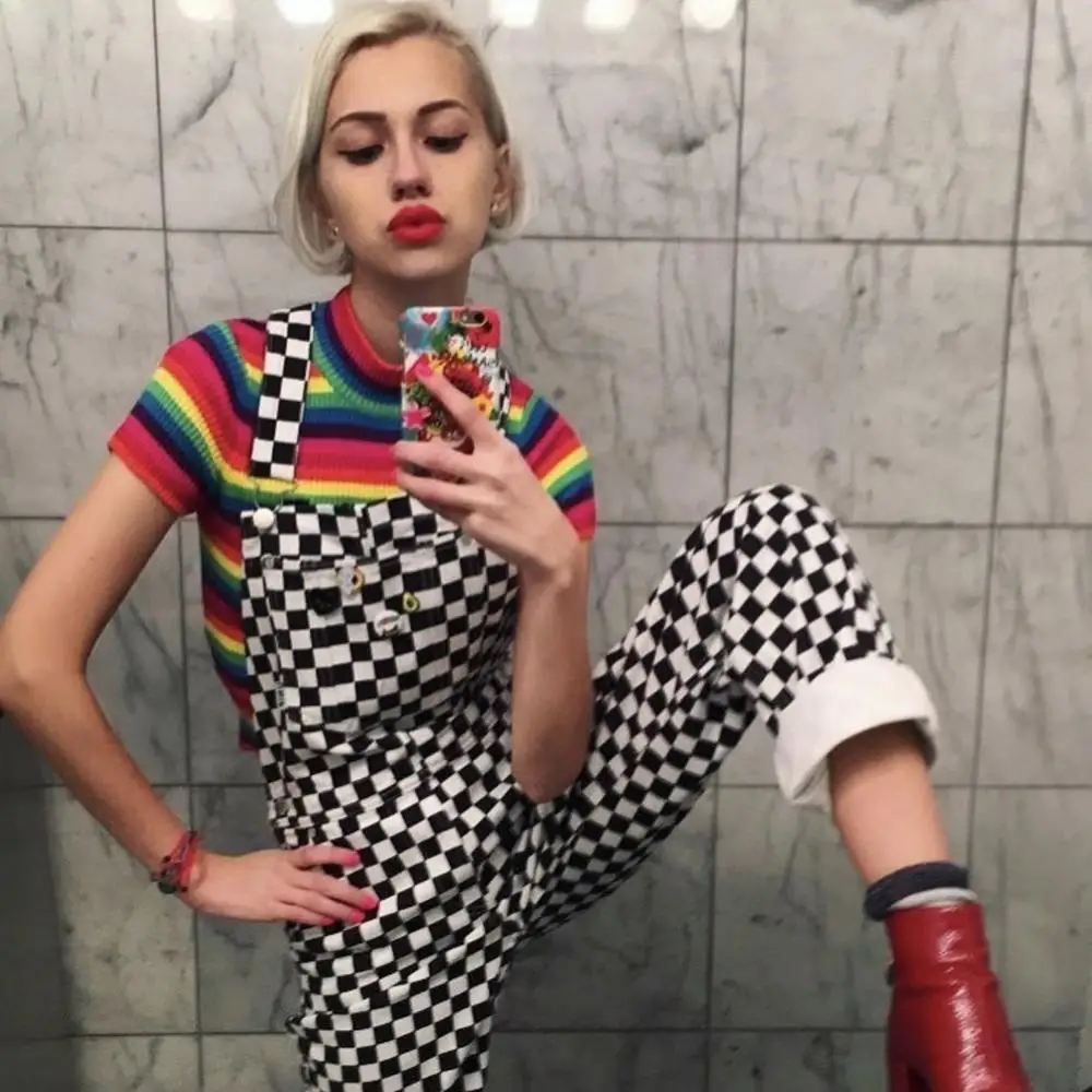 

Black and White Plaid Fashion Girl Jumpsuits Overalls Full Length Straps ockets Straight Long Pants Sets Casual Street Jumpsuits