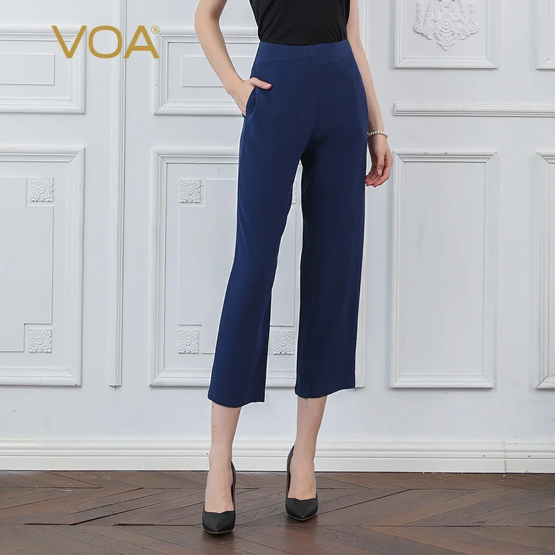 

VOA Silk Office Straight Pants Basic Women Trousers Brief Ladies Nine Pants Autumn Mid Waist Navy Blue Solid Casual hosen K2993