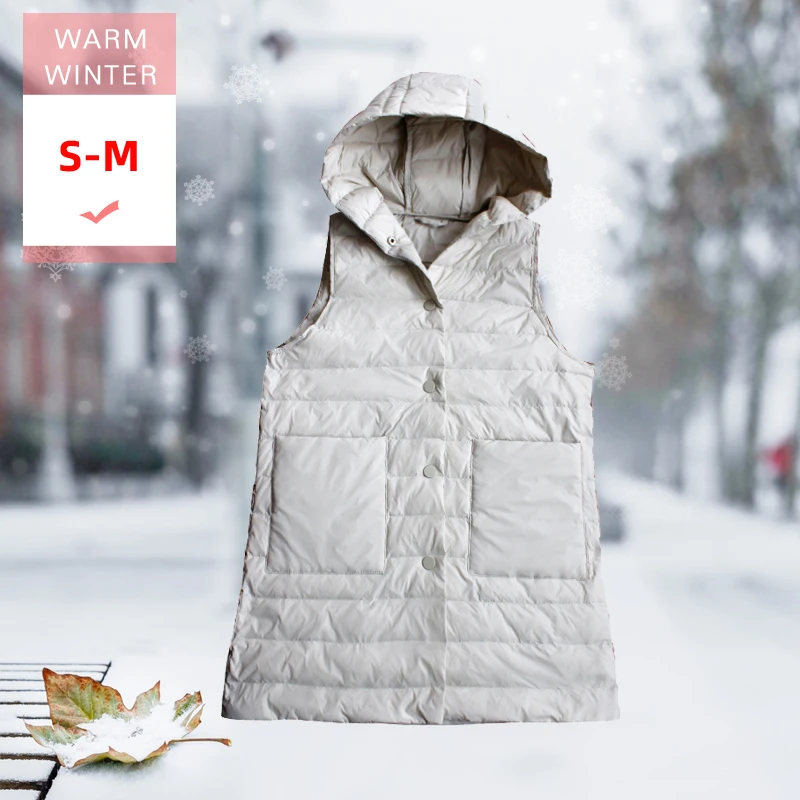 

Winter Women White Duck Down Long Vest Female ultra Light Casual Warm Sleeveless Coat Covered Button Windproof portable Linner