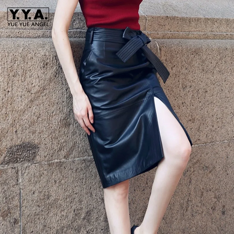

Pencil Skirt Black Split Sexy Skirt Genuine Leather Skirt Belted Long Skirts For Women Clothing 2019 Ladies Skirts Office S-2XL