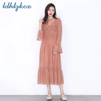 

LDHTZKCX Print Flare Long Sleeve Chiffon Dress Feminina 19 Spring Autumn New Fashion Casual O-Neck Loose Chic A-Line Dress CX258