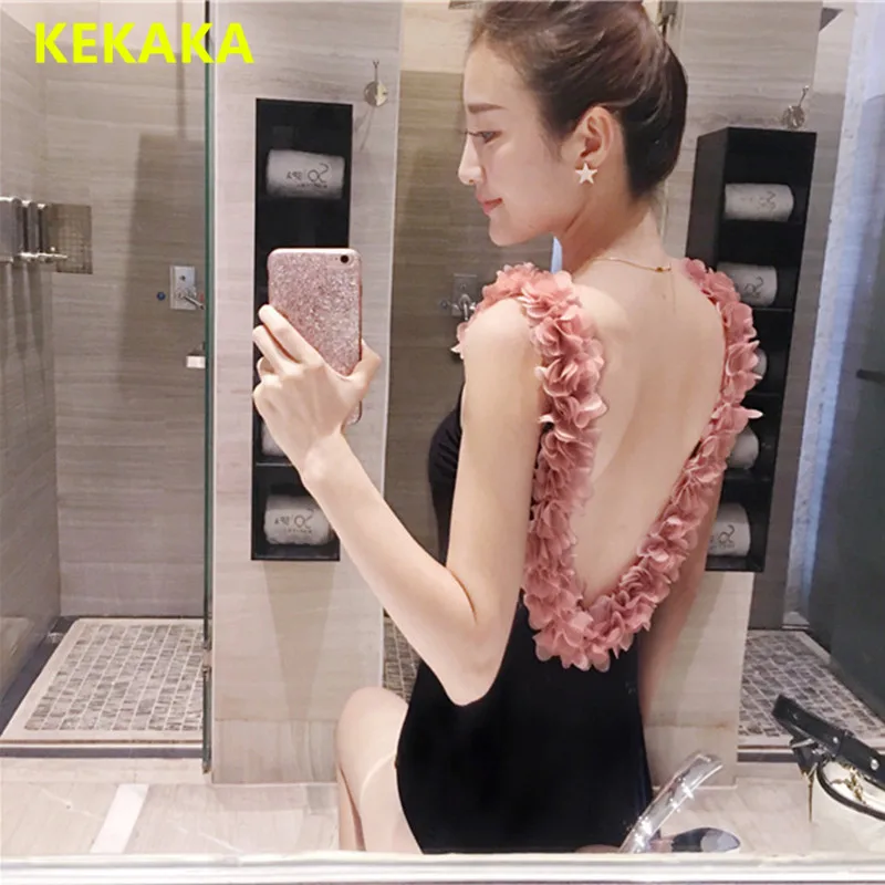 

KEKAKA 3D Pink Floral Backless One Piece Swimsuit 2019 Gorgeous 3D Flower Push Up Backless Bathing Suit Swimwear Women Black Red