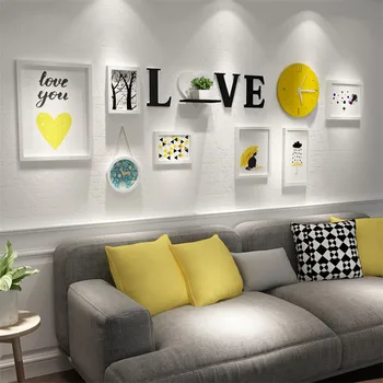 

White Picture Frames Set+LOVE Letter+Yellow Clock Home Decoration Accessories Photo Frame Set Wooden Frames for Pictures Moldura