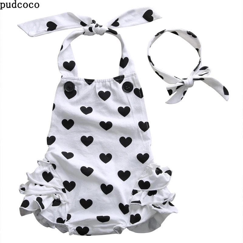 

Summer baby Bodysuits Clothes White Cotton Heart Polka Dot Jumpsuit Sunsuits+Bowknot Headband Outfits 0-24M Infant baby clothing