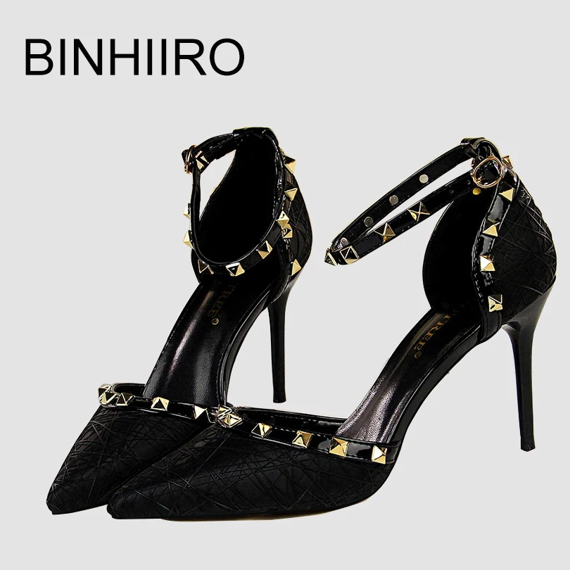 

BINHIIRO Summer outdoor Women Sandals PU Rivet Pointed Toe Sexy Hollow Thin High Heels Sandals Fashion Party Black Femme Sandals