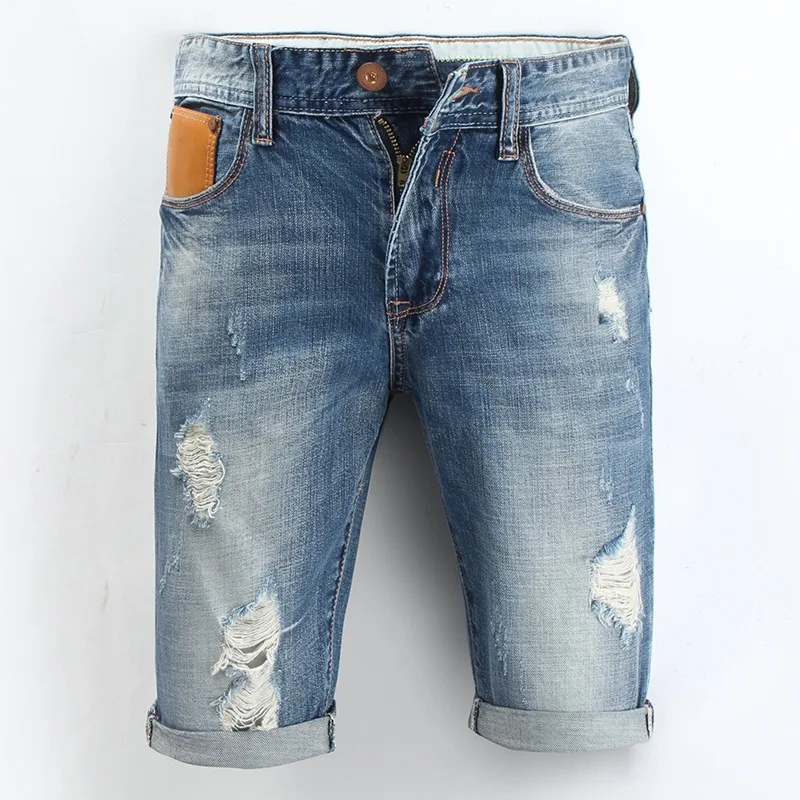 Ripped Denim Shorts Blue Wash Men Promotion-Shop For Promotional Ripped Jean Shorts for Men 2017 New Breeches Fashion Summer Casual Knee Length Beach Short Bermuda Hole Capris Denim Shorts Male - Ripped Denim Shorts Blue Wash Men Promotion-Shop For Promotional