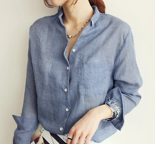 

spring women Korean chic casual solid color long sleeve blouse white grey blue cotton linen shirts female loose work shirt tops